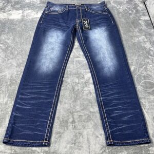 True Luck Jeans Mens 34x30 Dark Wash Classic Embroider Straight Fit Stretch NEW